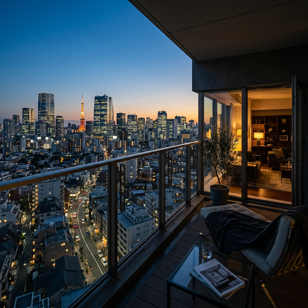 Balcony overlooking Tokyo skyline and illuminated Tokyo Tower at dusk